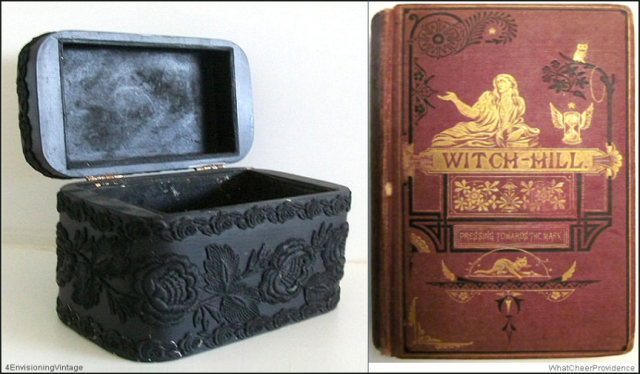 Black Wood Box with Lace: 4EnvisioningVintage 'Witch Hill' book: WhatCheerProvidence